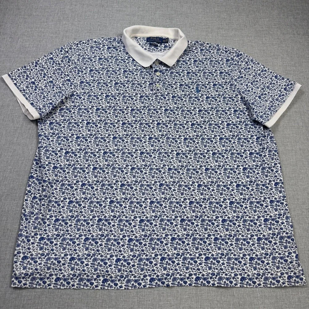 Polo Ralph Lauren Floral Polo Shirt Mens 2XL Blue 100% Cotton Embroidered Pony